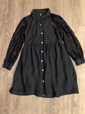 Girls' Black Diamond stud Button-Front Dress with Lace Sleeves